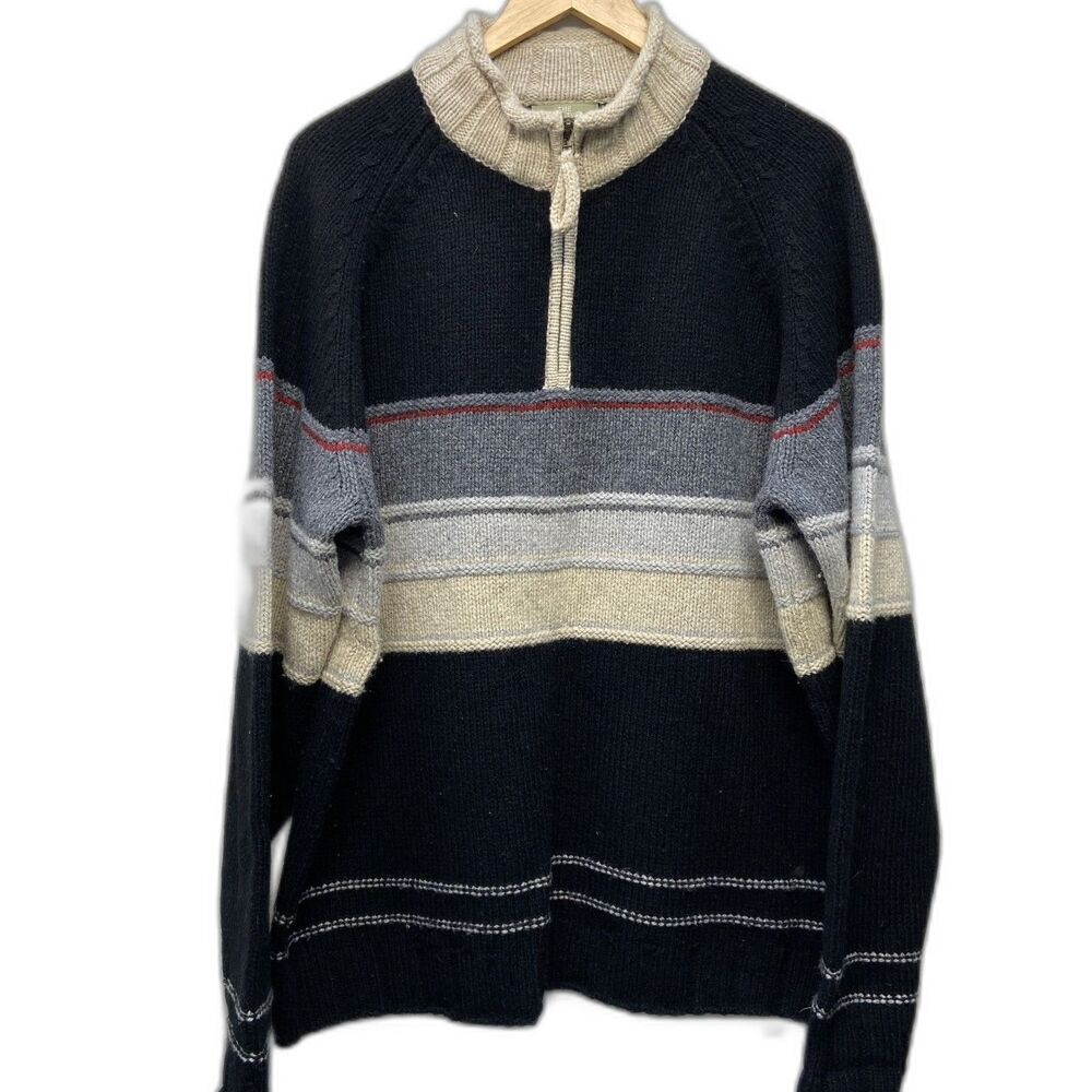 The Territory Ahead Men's XL Wool Blend Black Cream Striped 1/4 Zip Knit Sweater